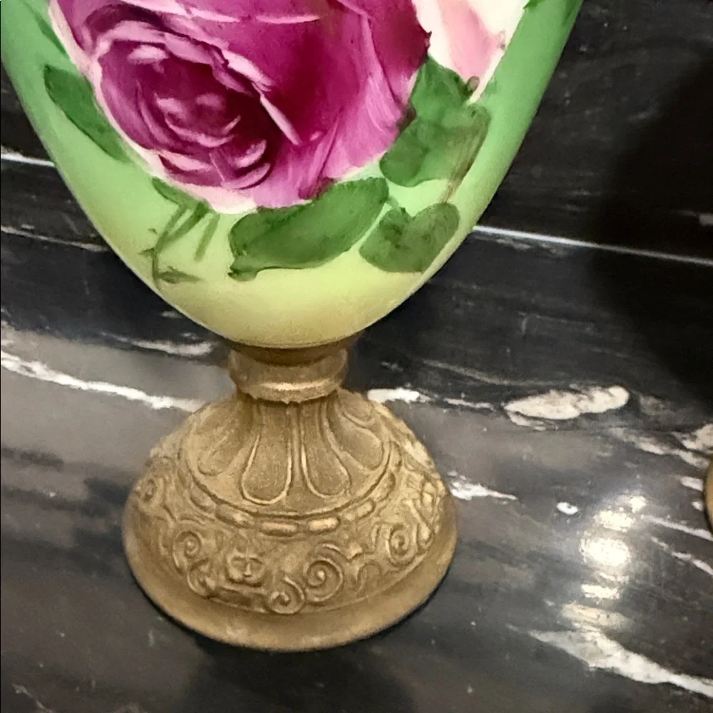 Pair Of Antique Hand Painted Milk Glass Rose EWERS Gorgeous Pink Roses 17